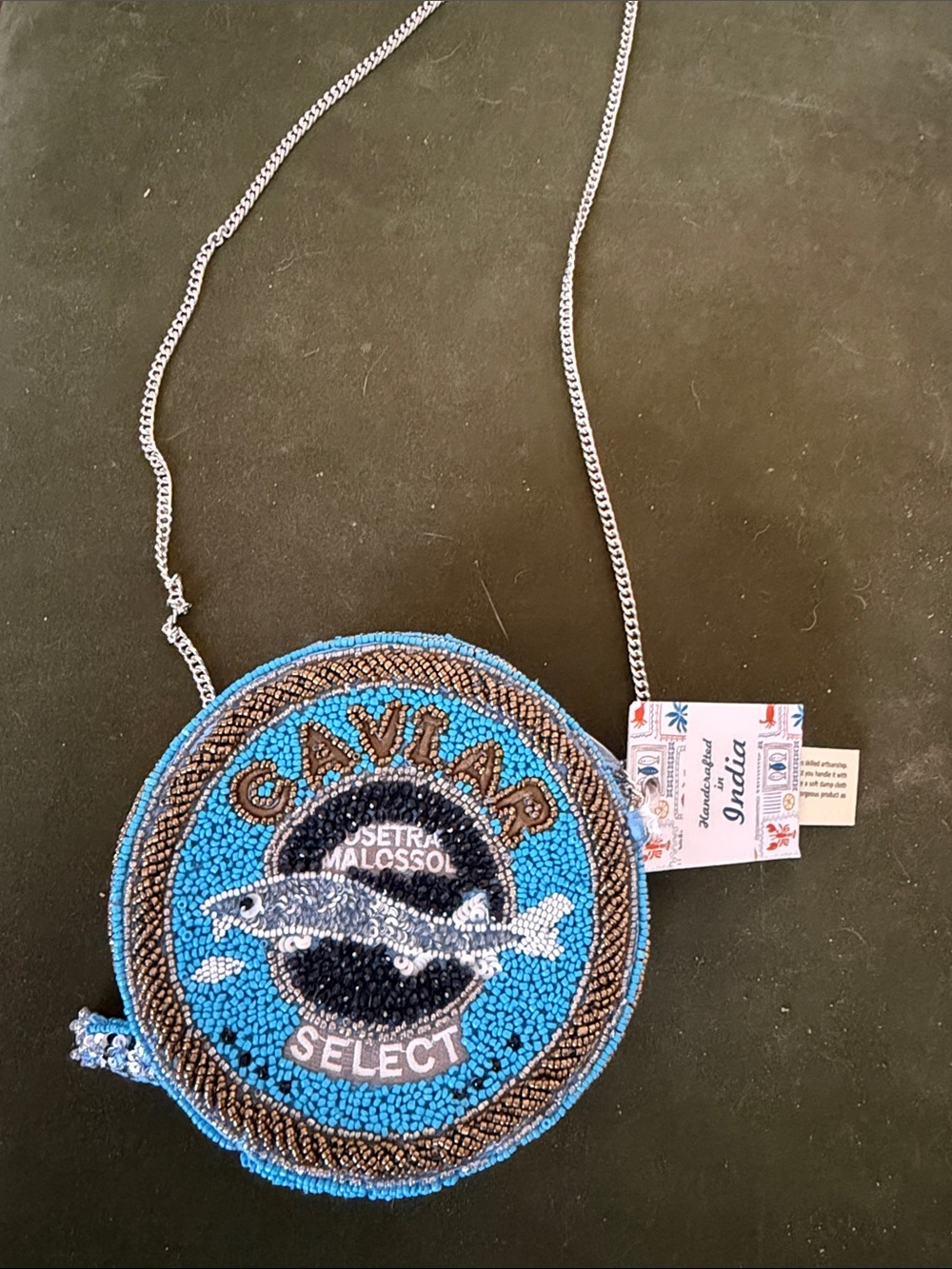 NWT Viral Hand Crafted Blue Beaded Caviar Crossbody Bag with Fish Motif - Picture 1 of 2